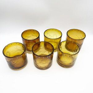Bobby Flay BFZ1 Amber Floral Lowball Rocks Etched Glasses Set of 6 (1‎ Cracked)